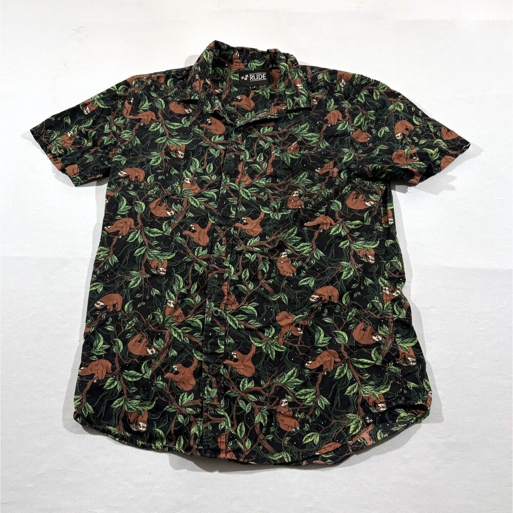 Rude Mens Sloth Tropical Hawaiian Button Short Sleeve Black Print Shirt Sz S